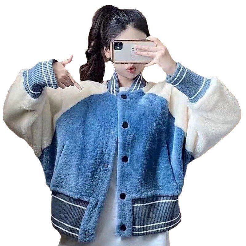 画像6: Contrast color splicing fur stadium jumper jacket  コントラストカラースプライシングファースタジアムジャンバースタジャンジャケットコート (6)