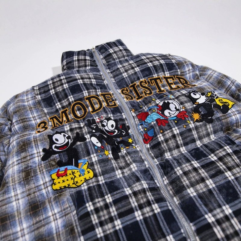 画像4: Unisex  Felix the Cat check pattern down jacket  ユニセックス 男女兼用フィリックス・ザ・キャットチェック柄刺繍ダウンジップアップジャケットスタジャン MA-1 ボンバー ジャケット ブルゾン (4)