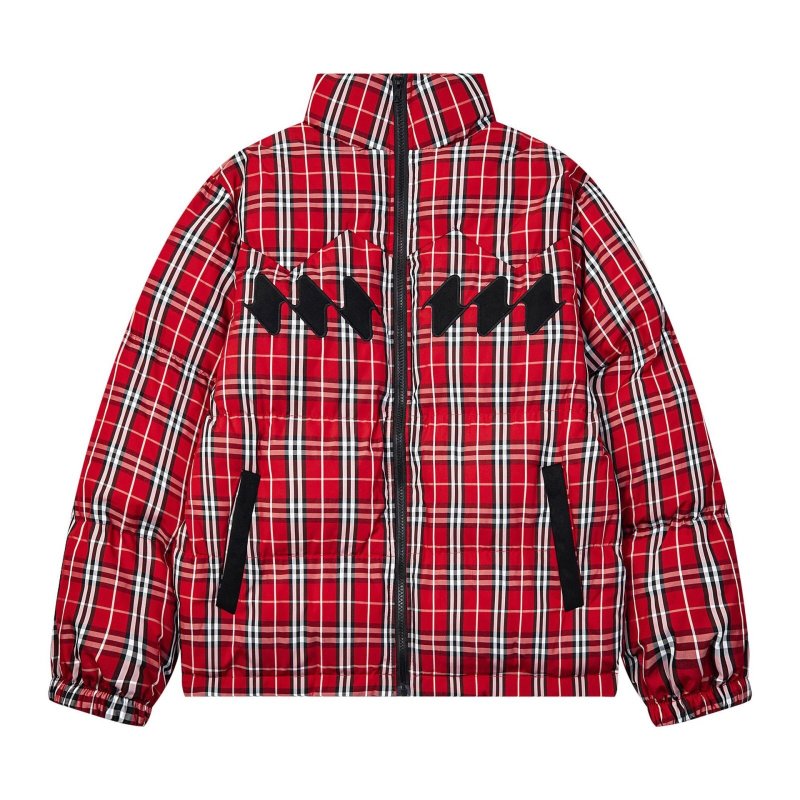 画像2: Unisex color block check pattern stand collar down jacket Coat　男女兼用カラーブロックチェック柄スタンドカラー ダウンジャケット コート (2)