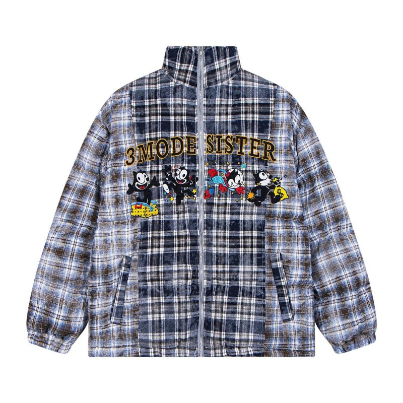 画像3: Unisex  Felix the Cat check pattern down jacket  ユニセックス 男女兼用フィリックス・ザ・キャットチェック柄刺繍ダウンジップアップジャケットスタジャン MA-1 ボンバー ジャケット ブルゾン (3)
