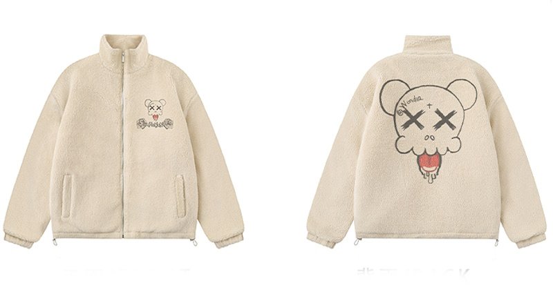 画像2: Kaws eco fur zip-up stand collar jacket  blouson  ユニセックス 男女兼用 刺繍カウズエコファージップアップスタンドカラージャケットブルゾン (2)