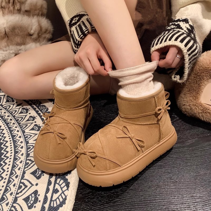 画像6: Thick-soled short sheepskin boots with bows   プラットフォーム厚底蝶結びリボン付き シープスキンファーショートブーツ (6)