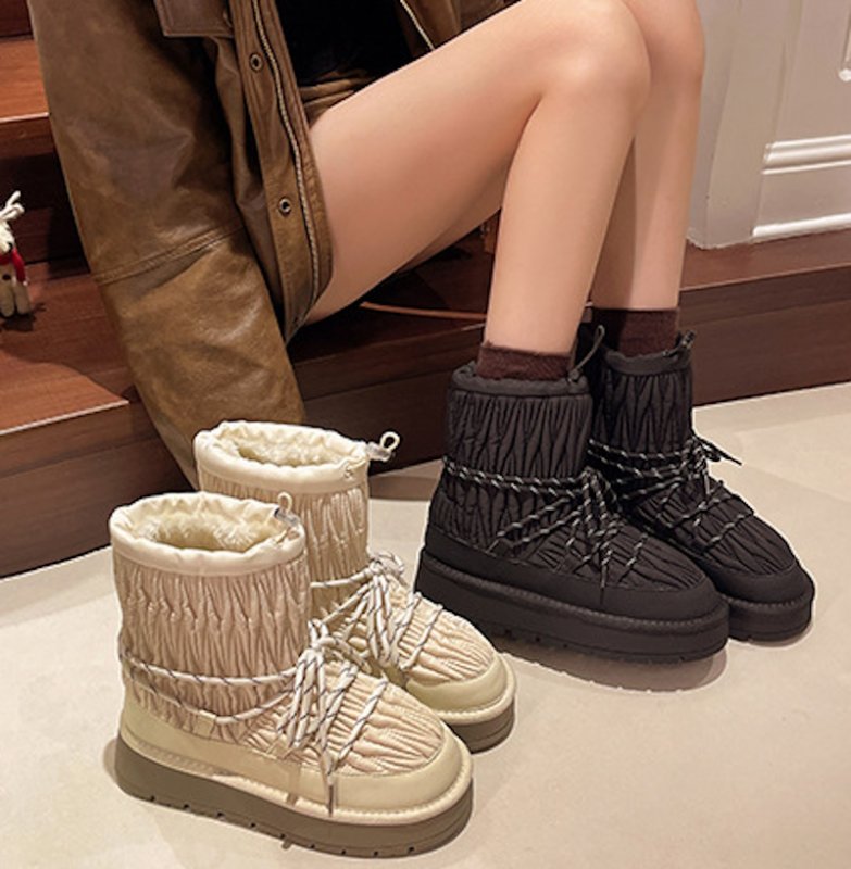 画像6: French gathered style lace-up leather warm-up short boots  プラットフォーム厚底フレンチギャザースタイル レースアップレザーウォームアップショートブーツ (6)
