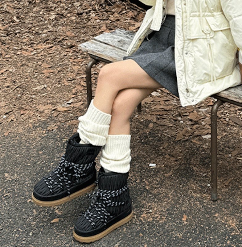 画像3: French gathered style lace-up leather warm-up short boots  プラットフォーム厚底フレンチギャザースタイル レースアップレザーウォームアップショートブーツ (3)