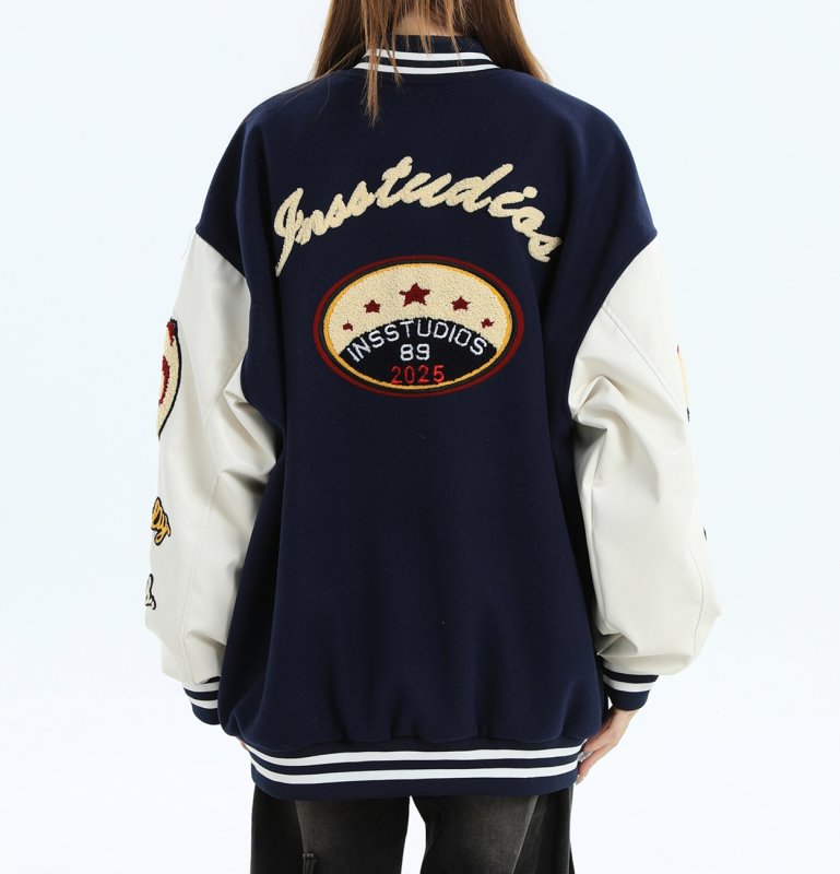 画像9: Emblem & Embroidery American Stadium Jumper baseball uniform jacket BASEBALL JACKET  blouson  ユニセックス 男女兼用 刺繍&エンブレムスリーブレザージャケットスタジアムジャンパー スタジャン MA-1 ボンバー ジャケット ブルゾン (9)