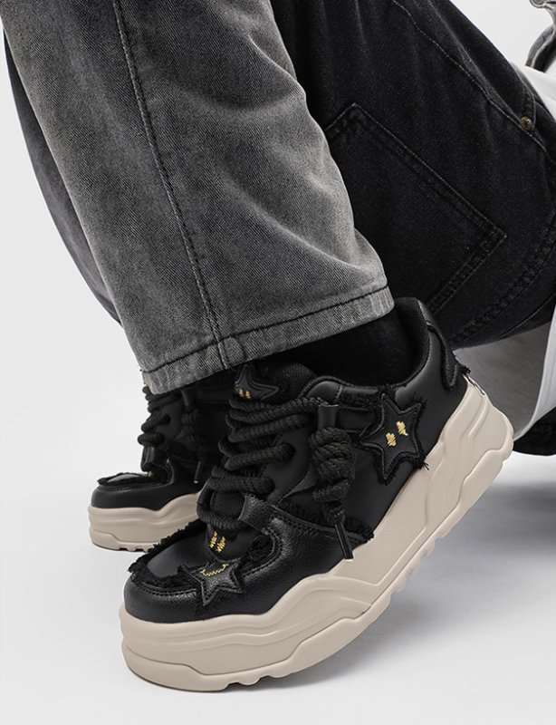 画像3: Thick-soled star emblem and embroidered leather lace-up sneakers  shoes ユニセックス 男女兼用厚底プラットフォームスターエンブレム&刺繍レースアップスニーカー (3)