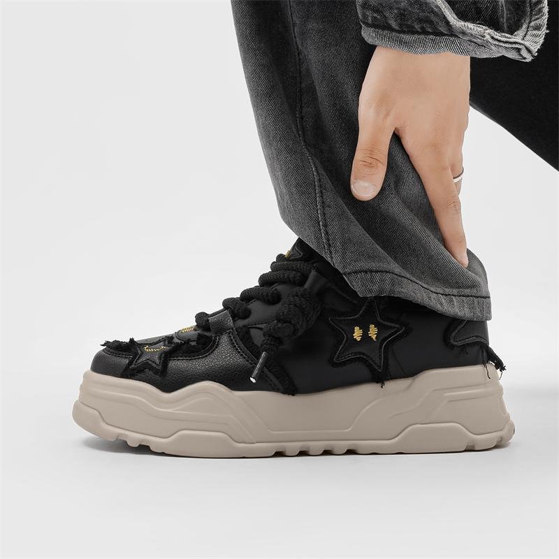 画像4: Thick-soled star emblem and embroidered leather lace-up sneakers  shoes ユニセックス 男女兼用厚底プラットフォームスターエンブレム&刺繍レースアップスニーカー (4)