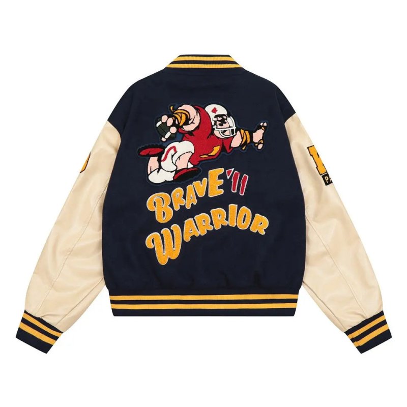 画像2:  American Football Embroidered Leather Sleeve Contrast Color Stadium Jumper Baseball Jacket blouson  ユニセックス 男女兼用  アメリカンフットボール刺繍レザースリーブコントラストカラーベースボールジャケットスタジャン MA-1 ボンバー ジャケット ブルゾン (2)