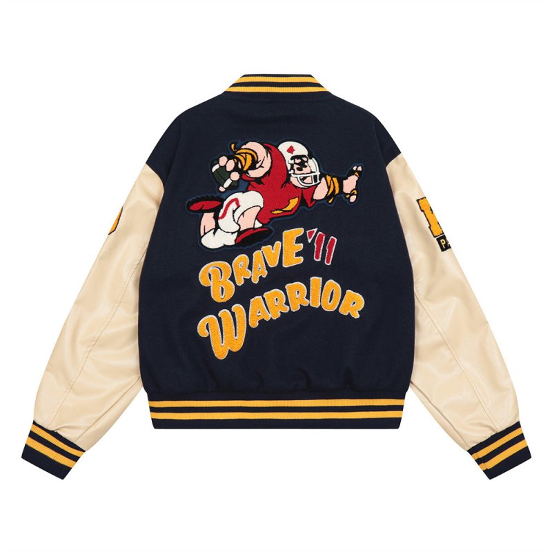 画像4:  American Football Embroidered Leather Sleeve Contrast Color Stadium Jumper Baseball Jacket blouson  ユニセックス 男女兼用  アメリカンフットボール刺繍レザースリーブコントラストカラーベースボールジャケットスタジャン MA-1 ボンバー ジャケット ブルゾン (4)