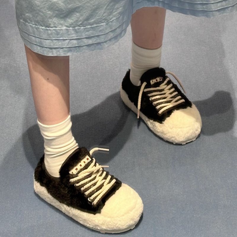 画像3: Thick-soled fur two-line lace-up slipper sandals half slippers ユニセックスファー厚底2本ラインレースアップスリッパサンダル (3)