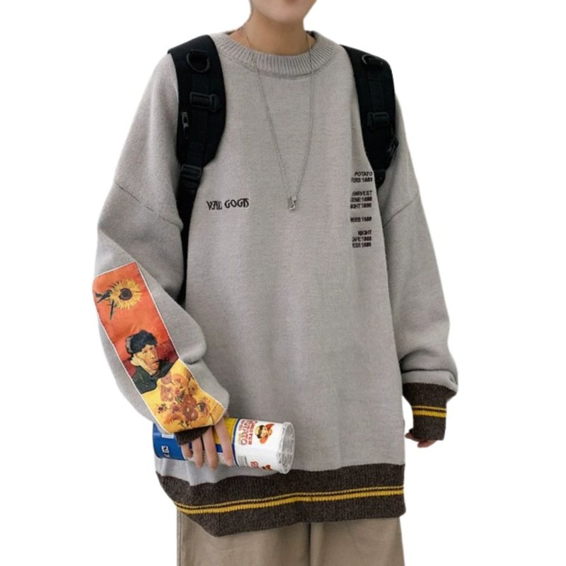 画像3: Cable Knit Sunflowers＆Van Gogh Pullover Sweaters Unisex Pullover loose sweater ユニセックス 男女兼用ゴッホひまわりニットセーター　プルオーバー  (3)