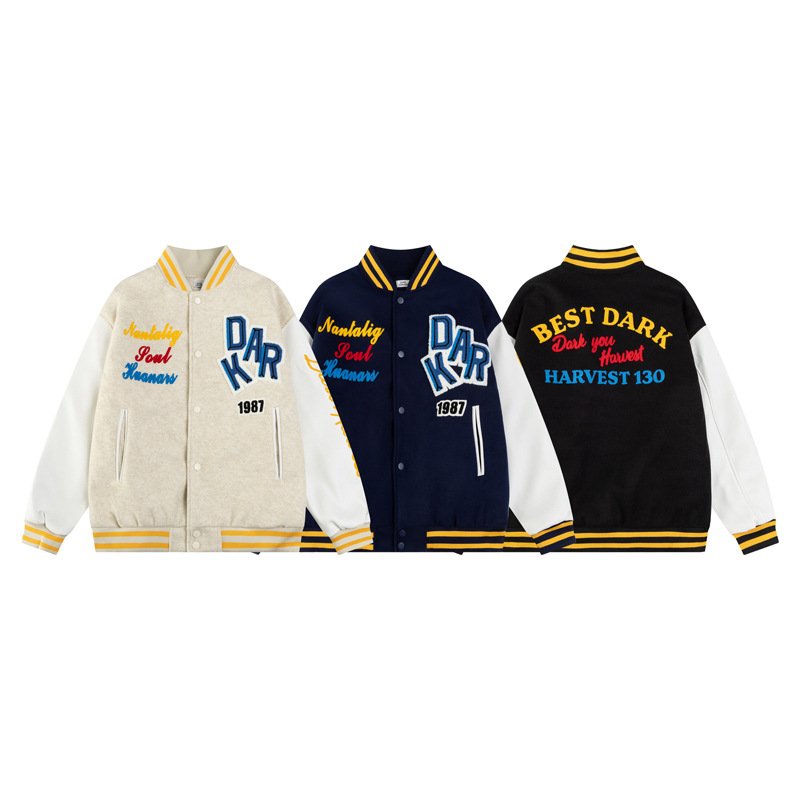 画像6: Letter embroidered leather sleeves STADIUM JACKET embroidered patch baseball uniform jacket blouson  ユニセックス 男女兼用レター刺繍レザースリーブ スタジアムジャンパー スタジャン MA-1 ボンバー ジャケット ブルゾン (6)