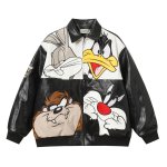 画像1: Bugs Bunny & Looney Tunes Leather Zip Up Oversized Jacket baseball uniform Vintage jacket blouson ユニセックス 男女兼用 オーバーサイズ バックスバニー ＆ ルーニーテューンズ ヴィンテージ加工 レザージップアップジャケット スタジアムジャンパー スタジャン ブルゾン (1)