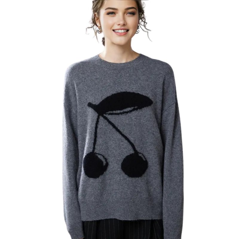 画像1: Women's cherry jacquard jumper sweater さくらんぼ チェリー柄 編みこみ プルオーバー セーター (1)