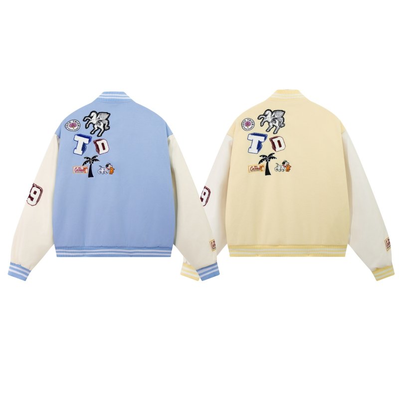 画像6: Stitching and color matching PU leather sleeve animal letter embroidery baseball jacket Stadium Jumper  blouson  ユニセックス 男女兼用ステッチとカラーマッチングPUレザー袖アニマルレター刺繍ジャケットベースボールジャケットスタジアムジャンパージャケット スタジャン ブルゾン (6)