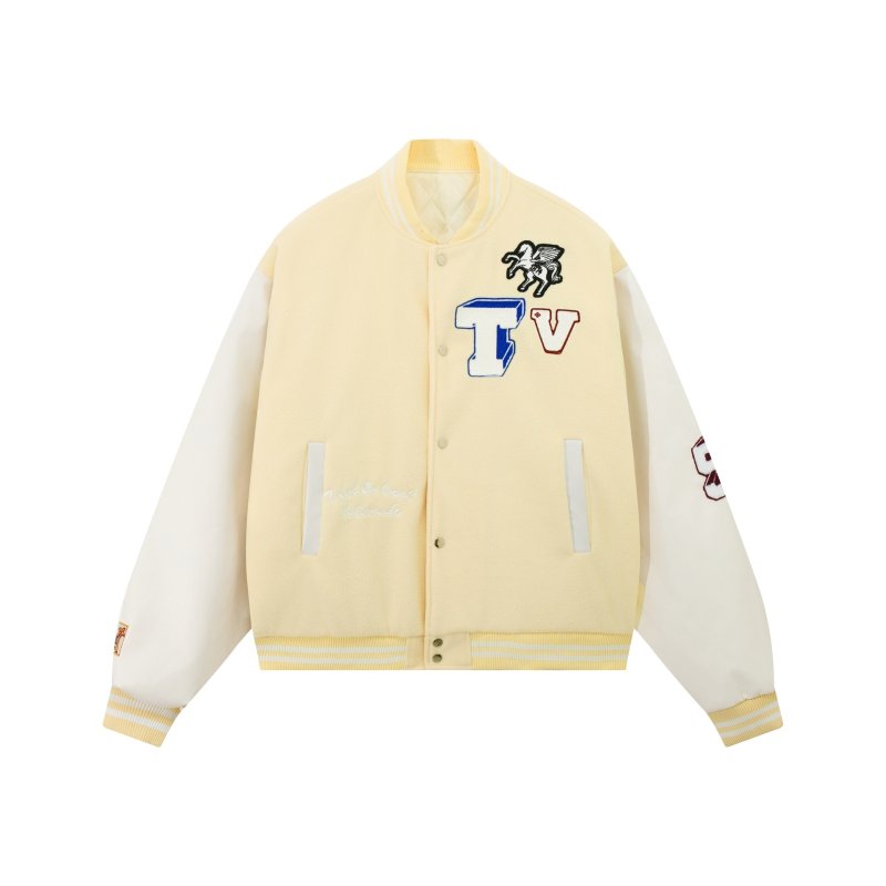 画像2: Stitching and color matching PU leather sleeve animal letter embroidery baseball jacket Stadium Jumper  blouson  ユニセックス 男女兼用ステッチとカラーマッチングPUレザー袖アニマルレター刺繍ジャケットベースボールジャケットスタジアムジャンパージャケット スタジャン ブルゾン (2)