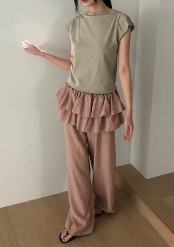 画像5: Wide leg casual pants with checkered draped frill short skirt trousers  チェックフリルギャザースカート付きワイドレッグパンツ (5)