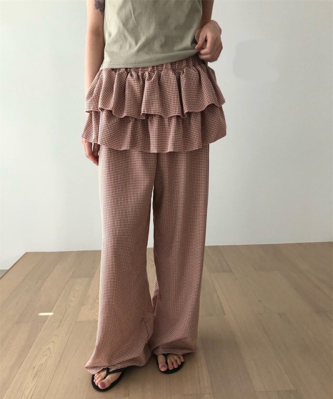 画像7: Wide leg casual pants with checkered draped frill short skirt trousers  チェックフリルギャザースカート付きワイドレッグパンツ (7)