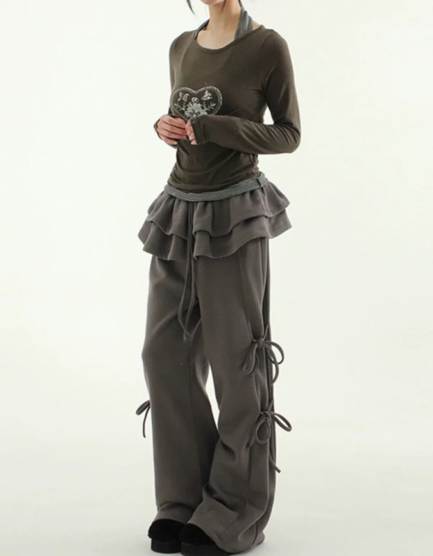 画像15: Wide leg sweatpants with frill ribbon skirt hiphop dance pants trousers 　フリルリボンスカート付きワイドレッグスエットパンツ (15)