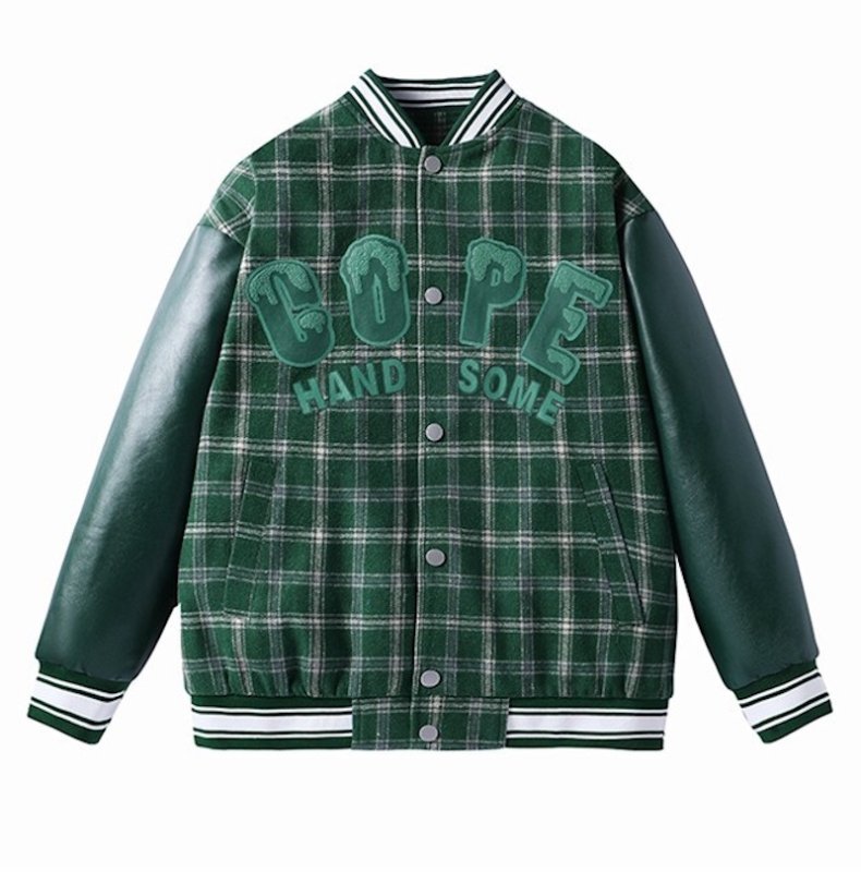 画像2: Unisex checked leather sleeve stadium jumpere baseball jacket Stadium Jumper  blouson  ユニセックス 男女兼用ユニセックスチェックPUレザー袖ジャケットベースボールジャケットスタジアムジャンパージャケット スタジャン ブルゾン (2)