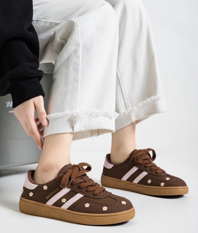 画像8: Women's 3 lines and small flower embroidery  lace-up leather sneakers  ３本ライン＆小花フラワー刺繍　レザー レースアップレザースニーカー (8)