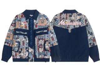 Unisex Mickey Mouse embroidered check pattern zip-up jacket