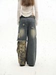 画像6: Unisex Camouflage & Blue Denim Patchwork Color Matching Hole Wash Jeans　 男女兼用 ユニセックス 迷彩&ブルーデニムパッチワークカラーマッチングホールウォッシュジーンズ (6)