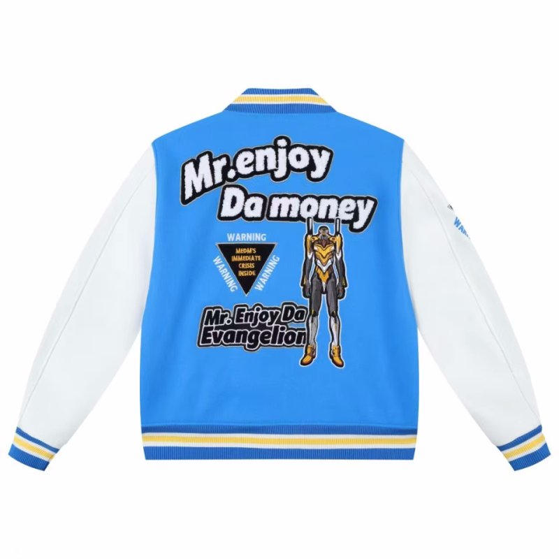 画像2: MR ENJOY DA MONEY Logo embroidery PU leather sleeve animal letter embroidery baseball jacket Stadium Jumper  blouson  ユニセックス 男女兼用MR ENJOY DA MONEY ロゴ刺繍PUレザー袖ジャケットベースボールジャケットスタジアムジャンパージャケット スタジャン ブルゾン (2)