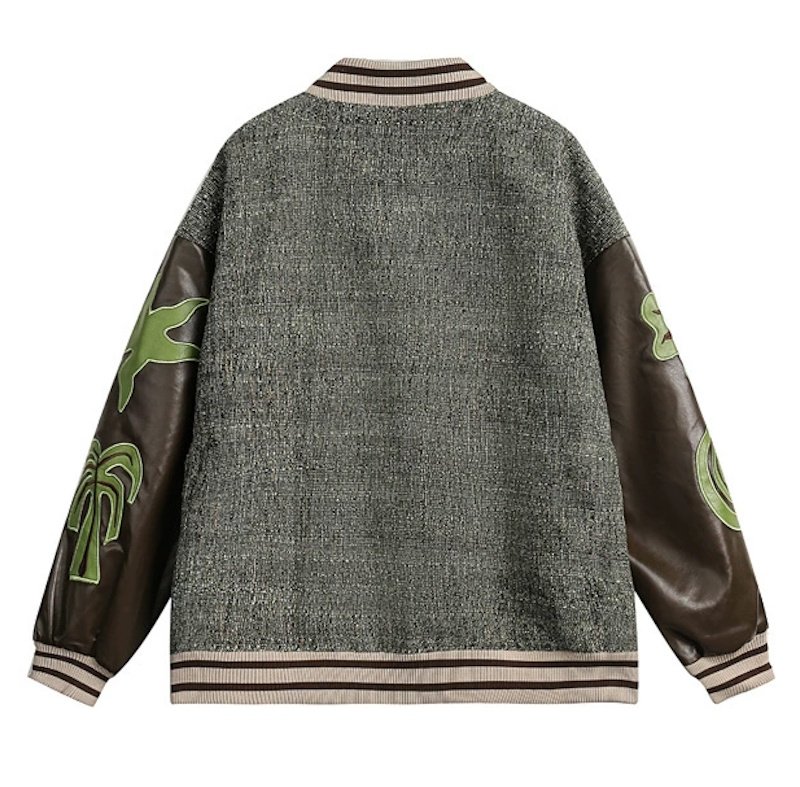 画像2: Tropical applique embroidery leather sleeve baseball jacket Stadium Jumper  blouson  ユニセックス 男女兼用トロピカルアップリケ刺繍PUレザー袖ジャケットベースボールジャケットスタジアムジャンパージャケット スタジャン ブルゾン (2)