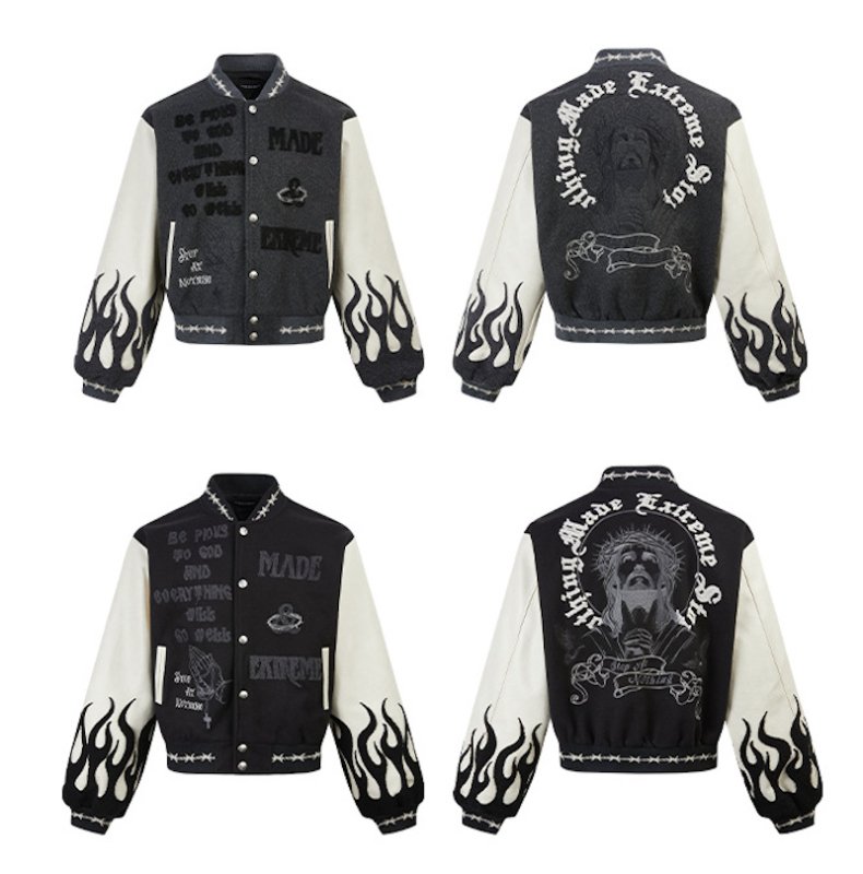 画像2: Jesus embroidered leather sleeve stadium jumper Baseball Jacket  blouson   ユニセックス 男女兼用ジーザス刺繍レザースリーブベースボールジャケットスタジアムジャンパージャケット スタジャン ブルゾン (2)