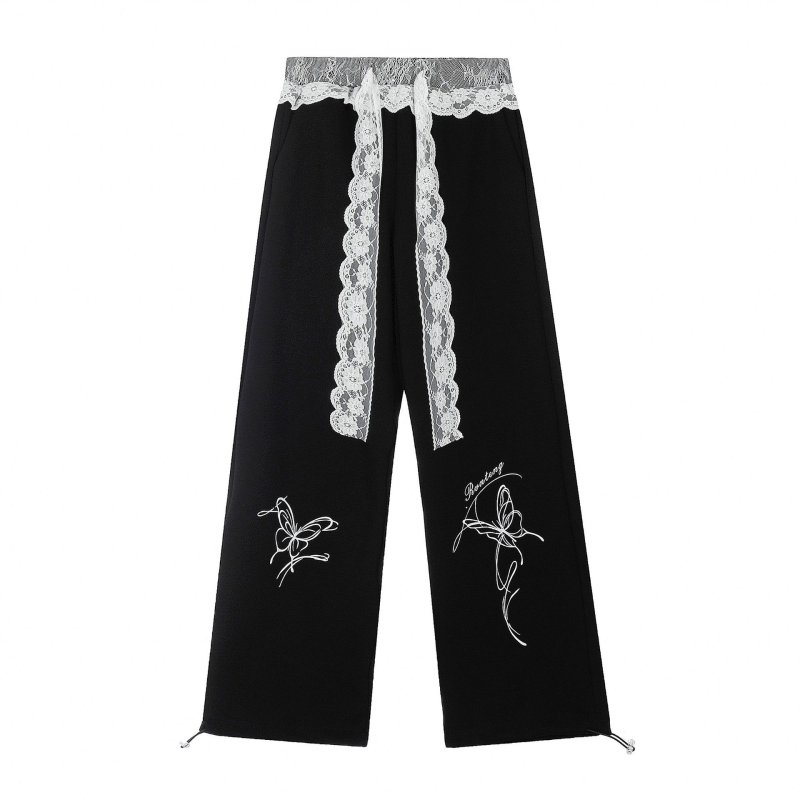 画像2: Butterfly hem print lace sweatpants hiphop dance pants trousers  バタフライ裾プリント レース紐スエットパンツ (2)