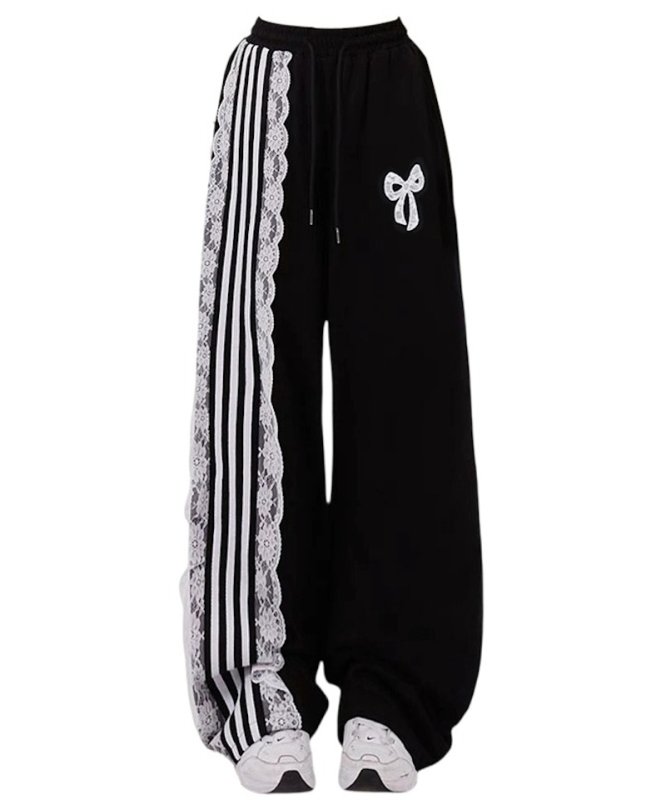 画像3: Half lace and half ribbon bottom sweatpants  hiphop dance pants trousers  ハーフレース&ハーフリボンスエットパンツ (3)