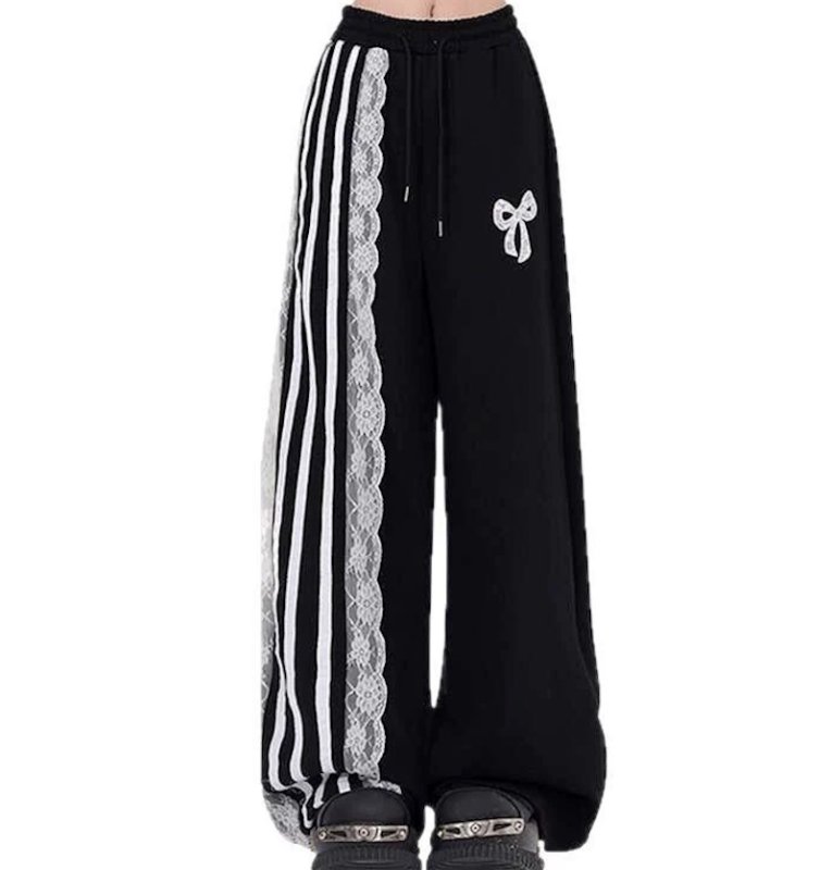 画像4: Half lace and half ribbon bottom sweatpants  hiphop dance pants trousers  ハーフレース&ハーフリボンスエットパンツ (4)