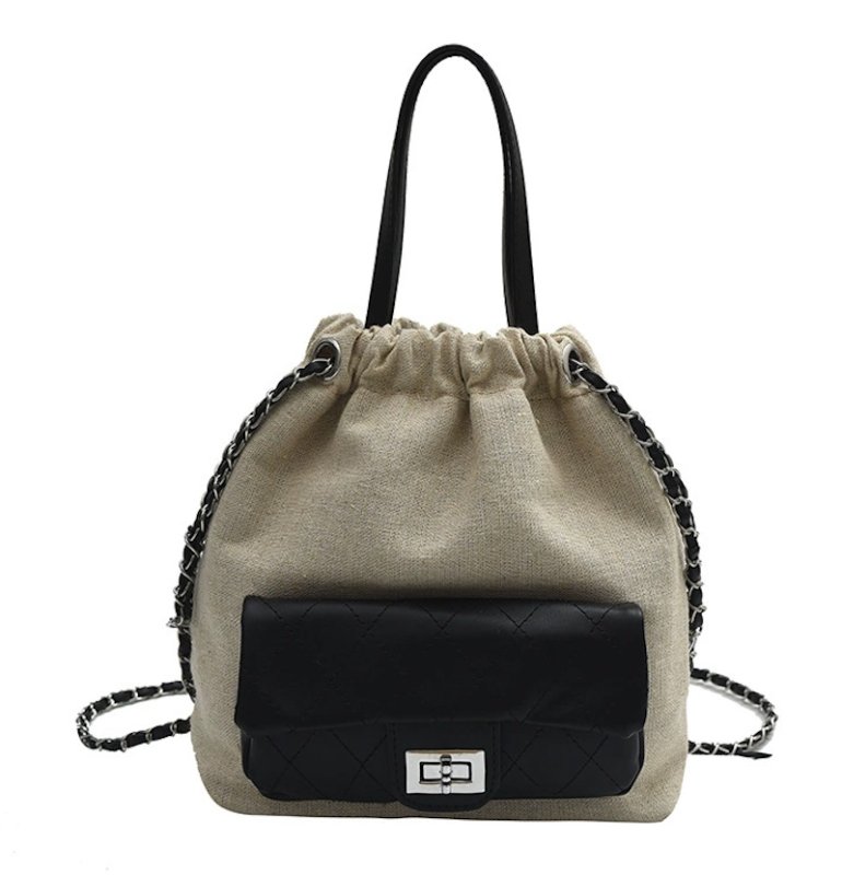 画像2: Linen Canvas & Leather Quilted Point Portable Bucket Tote Shoulder Backpack Bag　男女兼用ユニセックスリネンキャンバス&レザーキルティングポイントバッグ付きポータブルバケットトートショルダーバックパックバッグ (2)