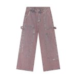 画像5: Distressed stand-up collar zip-up jacket and loose denim suit set Setup jacket and Pants Set  ダメージ加工スタンドカラージップアップジャケット ルーズデニムスーツセットアップ (5)