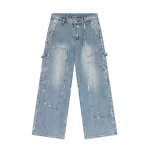 画像6: Distressed stand-up collar zip-up jacket and loose denim suit set Setup jacket and Pants Set  ダメージ加工スタンドカラージップアップジャケット ルーズデニムスーツセットアップ (6)
