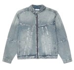 画像4: Distressed stand-up collar zip-up jacket and loose denim suit set Setup jacket and Pants Set  ダメージ加工スタンドカラージップアップジャケット ルーズデニムスーツセットアップ (4)