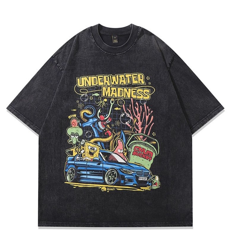 画像1: Vintage style Spongebob and friends print Round Neck T-Shirt   ユニセックス男女兼用ヴィンテージスタイルスポンジボブと仲間たちプリント半袖 Tシャツ (1)