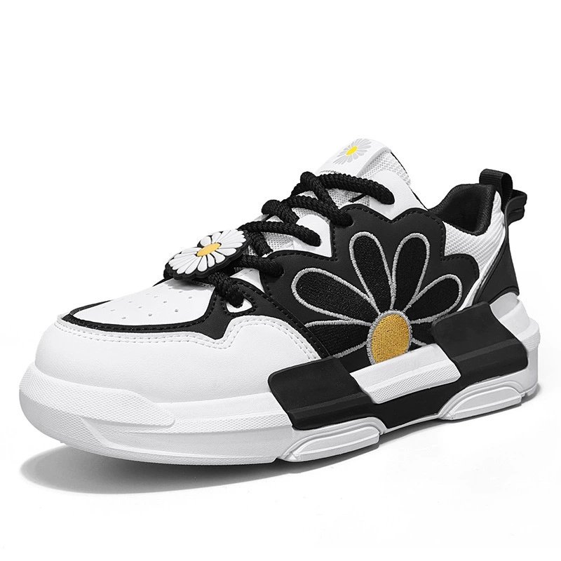 画像1: Unisex daisy embroidered lace-up leather sneakers shoes  ユニセックス 男女兼用ユニセックスデイジー刺繍レザーレースアップスニーカー (1)
