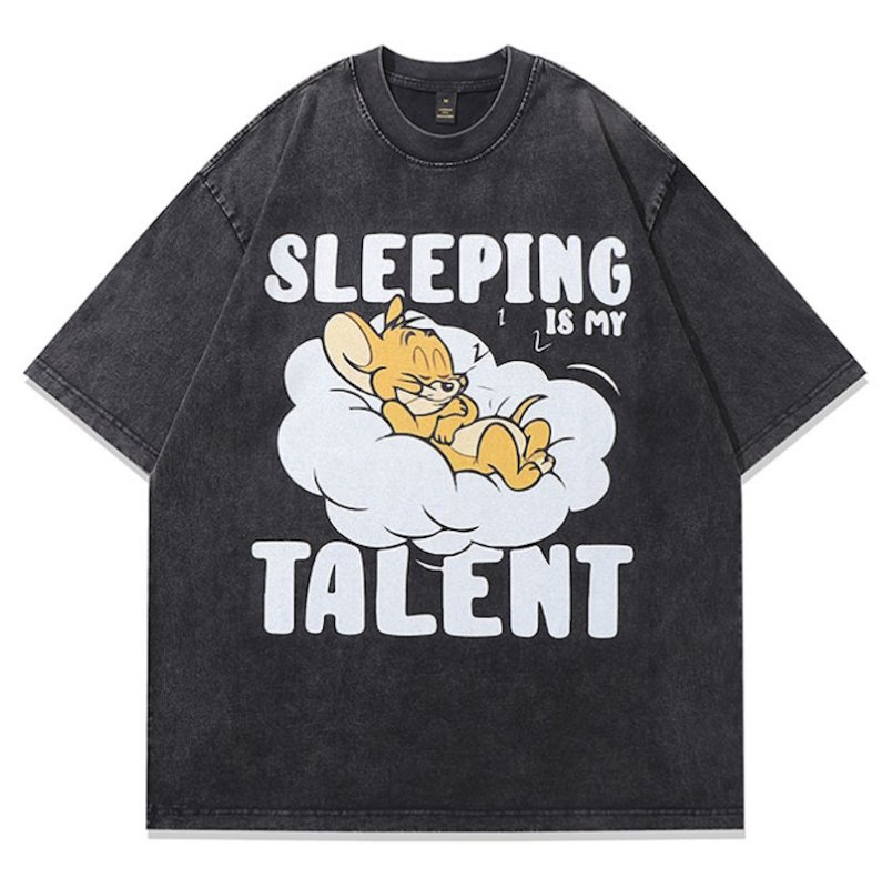 画像1: Vintage style Tom and Jerry Sleeping Jerry print Round Neck T-Shirt   ユニセックス男女兼用ヴィンテージスタイルトムとジェリースリーピングジェリープリント半袖 Tシャツ (1)