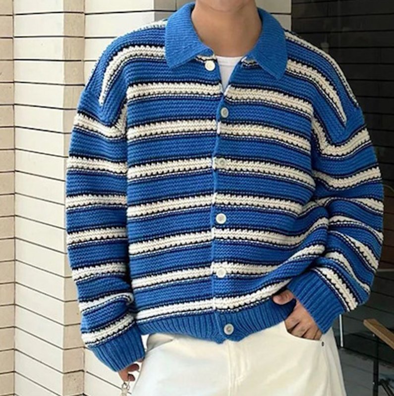 画像3: Unisex Single-breasted lapel striped knit cardigan jacket　ユニセックス 男女兼用シングルブレストラペルボーダーニットカーディガンジャケットブルゾン (3)