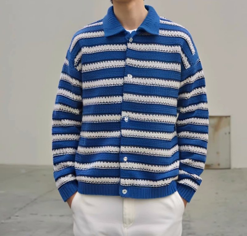 画像5: Unisex Single-breasted lapel striped knit cardigan jacket　ユニセックス 男女兼用シングルブレストラペルボーダーニットカーディガンジャケットブルゾン (5)