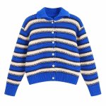 画像1: Unisex Single-breasted lapel striped knit cardigan jacket　ユニセックス 男女兼用シングルブレストラペルボーダーニットカーディガンジャケットブルゾン (1)