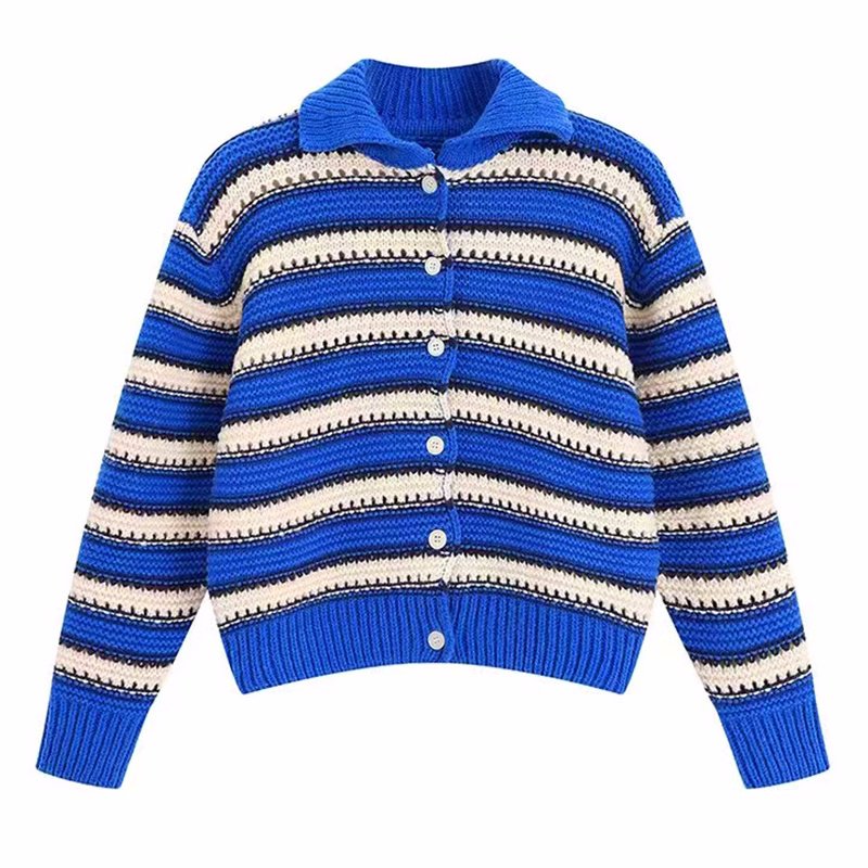 画像1: Unisex Single-breasted lapel striped knit cardigan jacket　ユニセックス 男女兼用シングルブレストラペルボーダーニットカーディガンジャケットブルゾン (1)