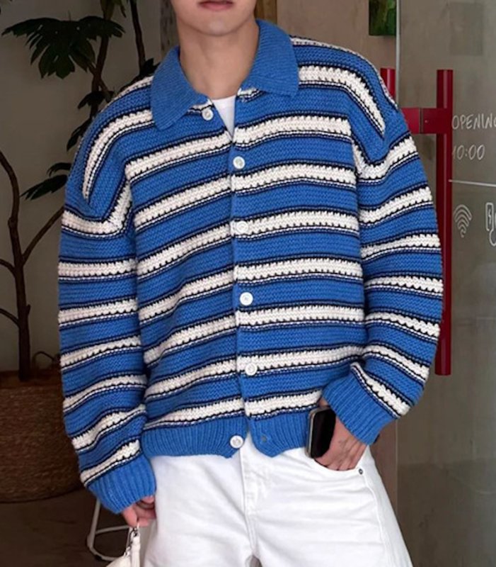 画像4: Unisex Single-breasted lapel striped knit cardigan jacket　ユニセックス 男女兼用シングルブレストラペルボーダーニットカーディガンジャケットブルゾン (4)