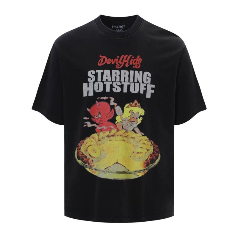 画像1: PureyTalk Purey Gluttonous Devil Kids Starring Hotstuff T-shirts ユニセックス 男女兼用 古着風 ヴィンテージ加工 ホット・スタッフ・ザ・リトル・デビル プリント半袖 Tシャツ (1)