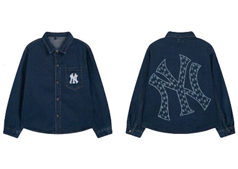 画像1: Unisex MLB NY monogram logo dungaree denim shirt jacket　ユニセックス 男女兼用MLB NYニューヨークヤンキースモノグラム刺繍デニムシャツジャケットブルゾン (1)