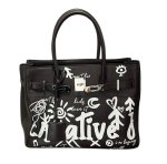 画像1: Unisex Graffiti Paint Long Handle Leather BK Tote Shoulder Bag　ユニセックスグラフィックペイントロングハンドルレザーBKトートショルダーバッグ (1)
