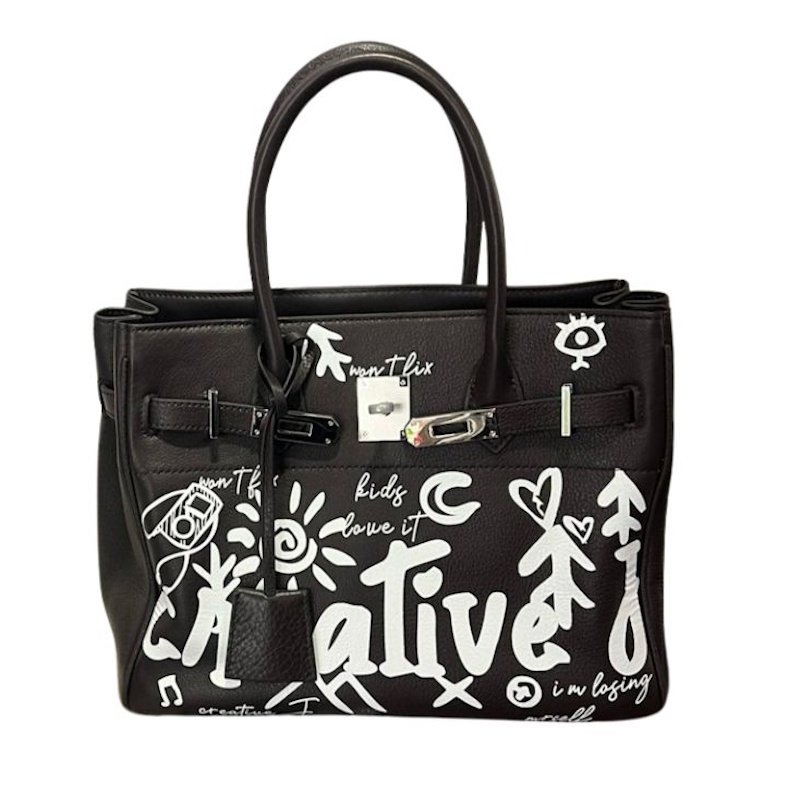 画像1: Unisex Graffiti Paint Long Handle Leather BK Tote Shoulder Bag　ユニセックスグラフィックペイントロングハンドルレザーBKトートショルダーバッグ (1)