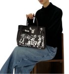 画像2: Unisex Graffiti Paint Long Handle Leather BK Tote Shoulder Bag　ユニセックスグラフィックペイントロングハンドルレザーBKトートショルダーバッグ (2)